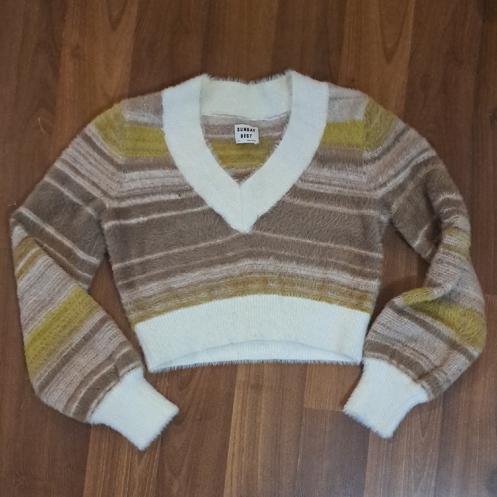 Sunday Best Cream, Brown & Yellow Striped V-Neck Sweater